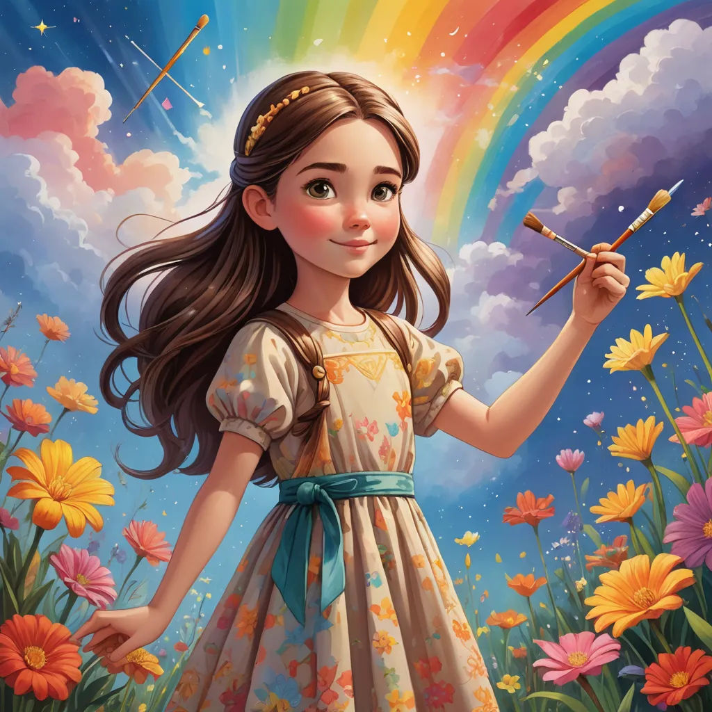 a painting of a girl holding a paintbrush in her hand and a rainbow in the background with flowers, naive art, an ultrafine detailed painting, Bob Byerley, rossdraws global illumination