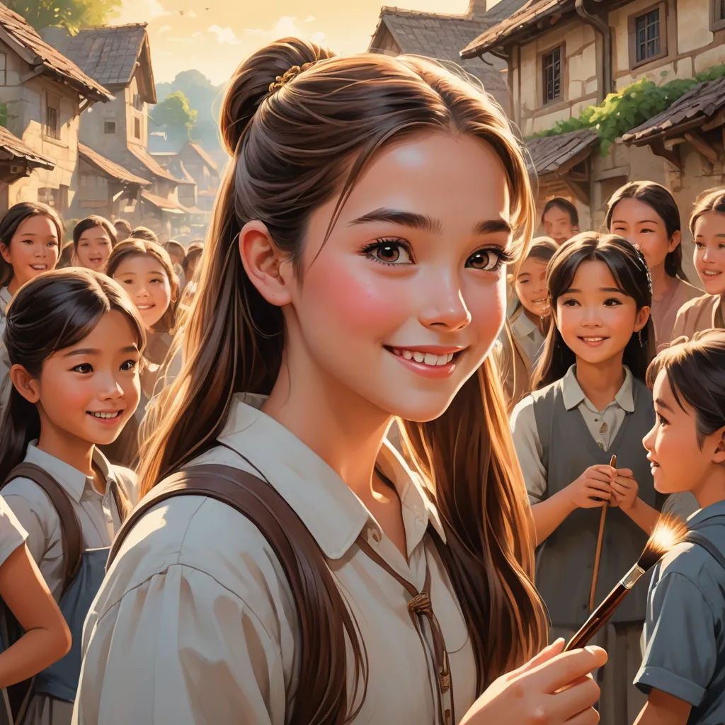 a painting of a girl with a school uniform and a group of children in the background, all smiling, photorealism, a storybook illustration, Artgerm, rossdraws global illumination