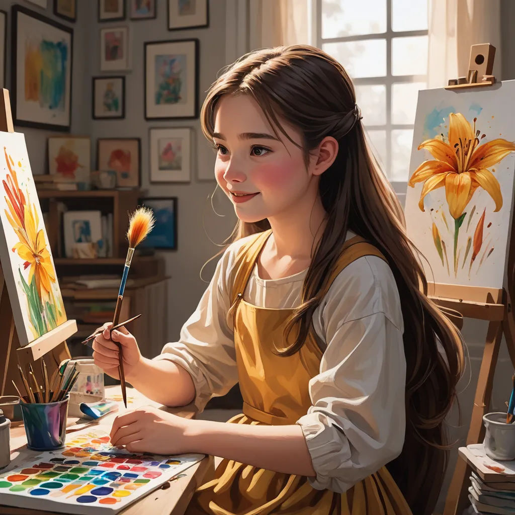 a girl is painting with a brush and a palette in her hand and a flower in her other hand, american scene painting, a detailed painting, artist, trending on art station