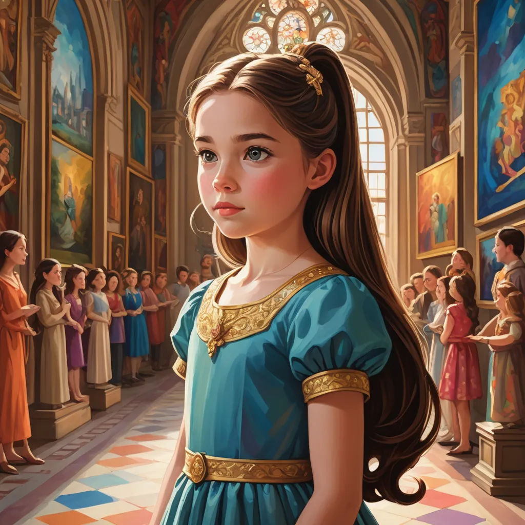 a painting of a girl in a blue dress in a church with a crowd of people in the background, fantasy art, a detailed painting, Drew Struzan, official art