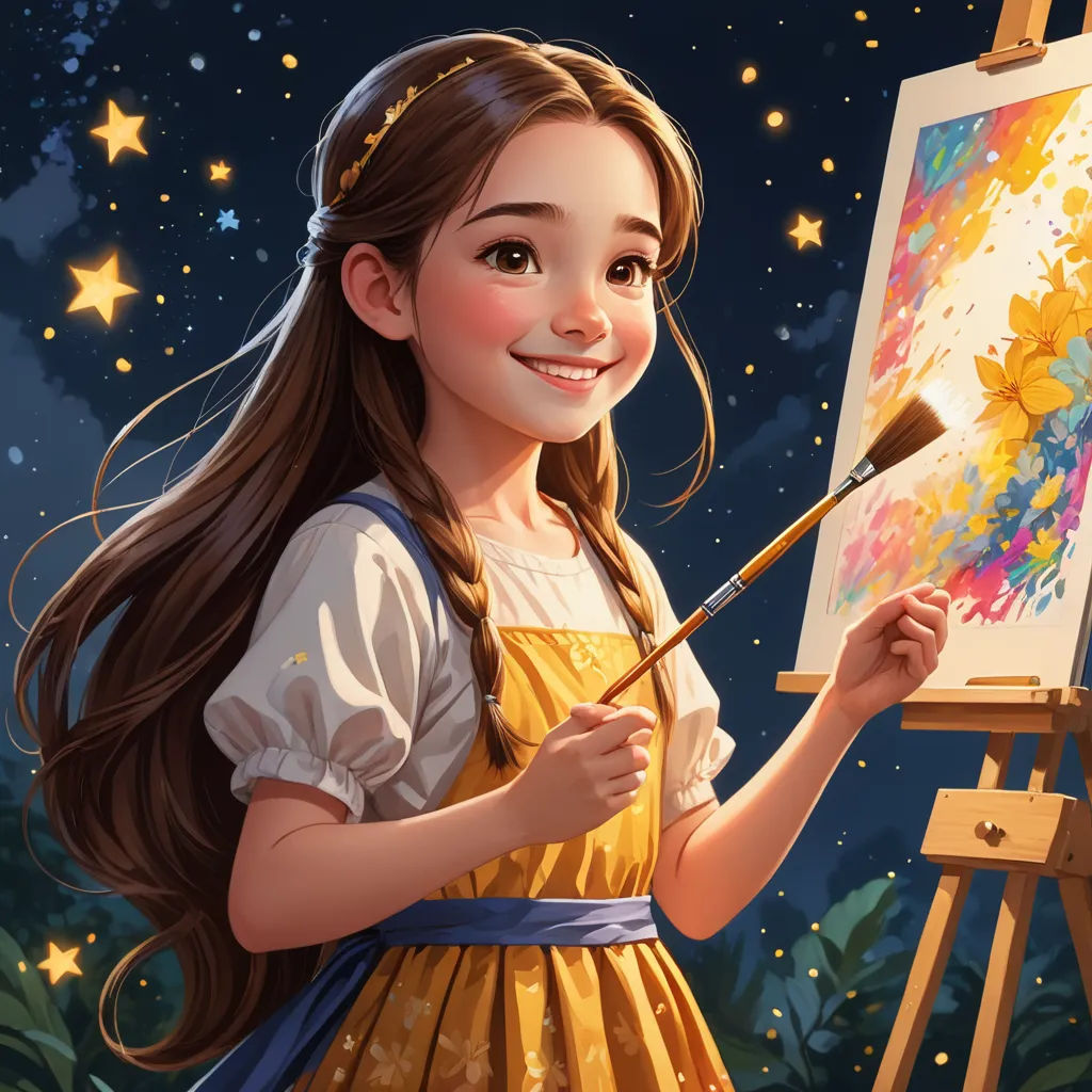 a girl in a yellow dress is painting a picture on a easel with a brush and a flower, naive art, a detailed painting, artist, trending on art station