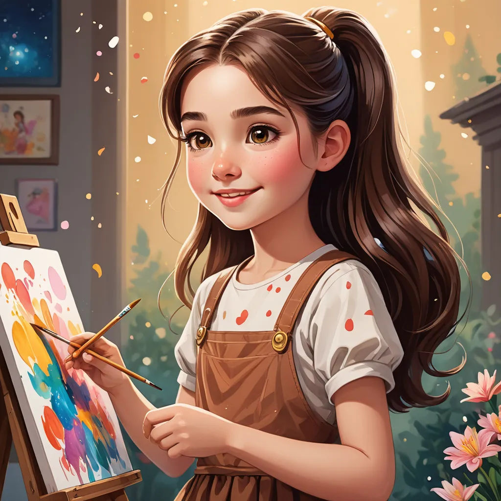 a girl is painting a picture with a brush and a palette of paint on a easel in a room with flowers, naive art, a detailed painting, artist, art station
