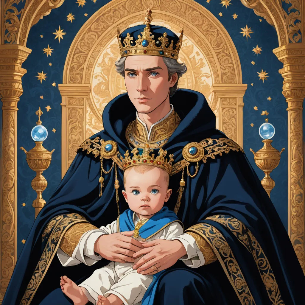 a painting of a man holding a baby in his arms and wearing a crown on his head, with a golden arch in the background, gothic art, an ultrafine detailed painting, Edward Otho Cresap Ord, II, official art