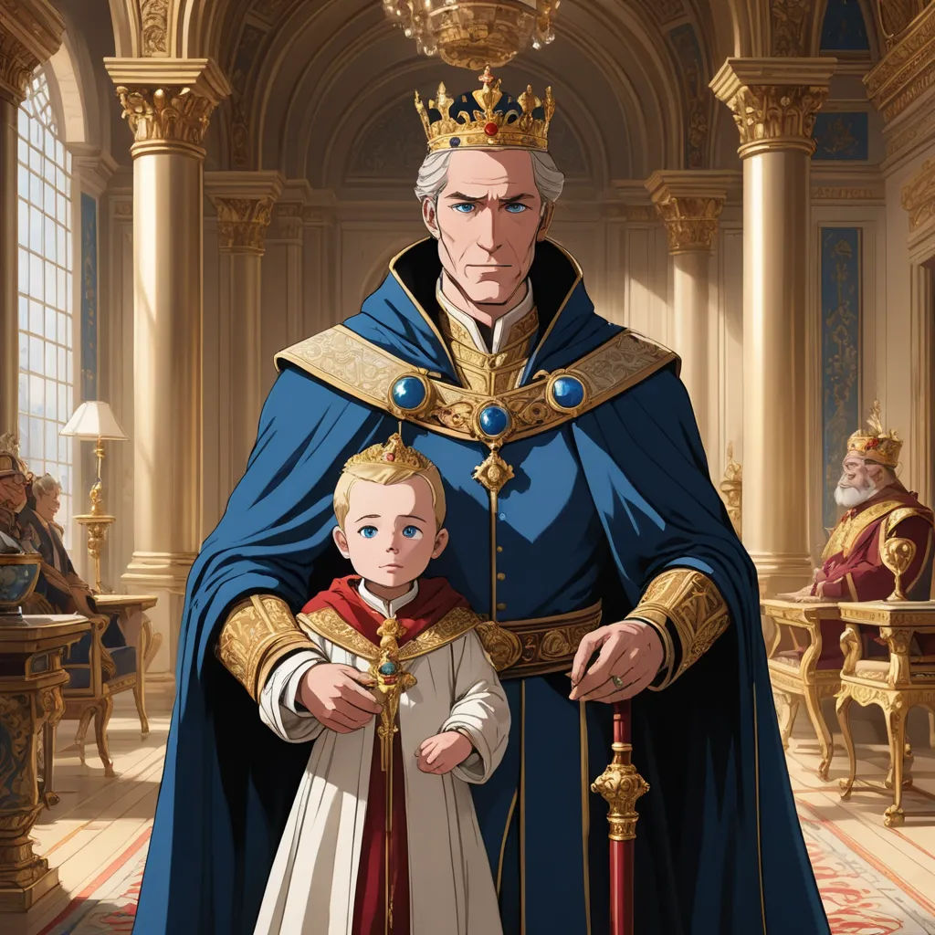 a man in a blue robe and a little boy in a white dress stand in a palace with gold trimmings, sots art, a storybook illustration, Brothers Hildebrandt, official art