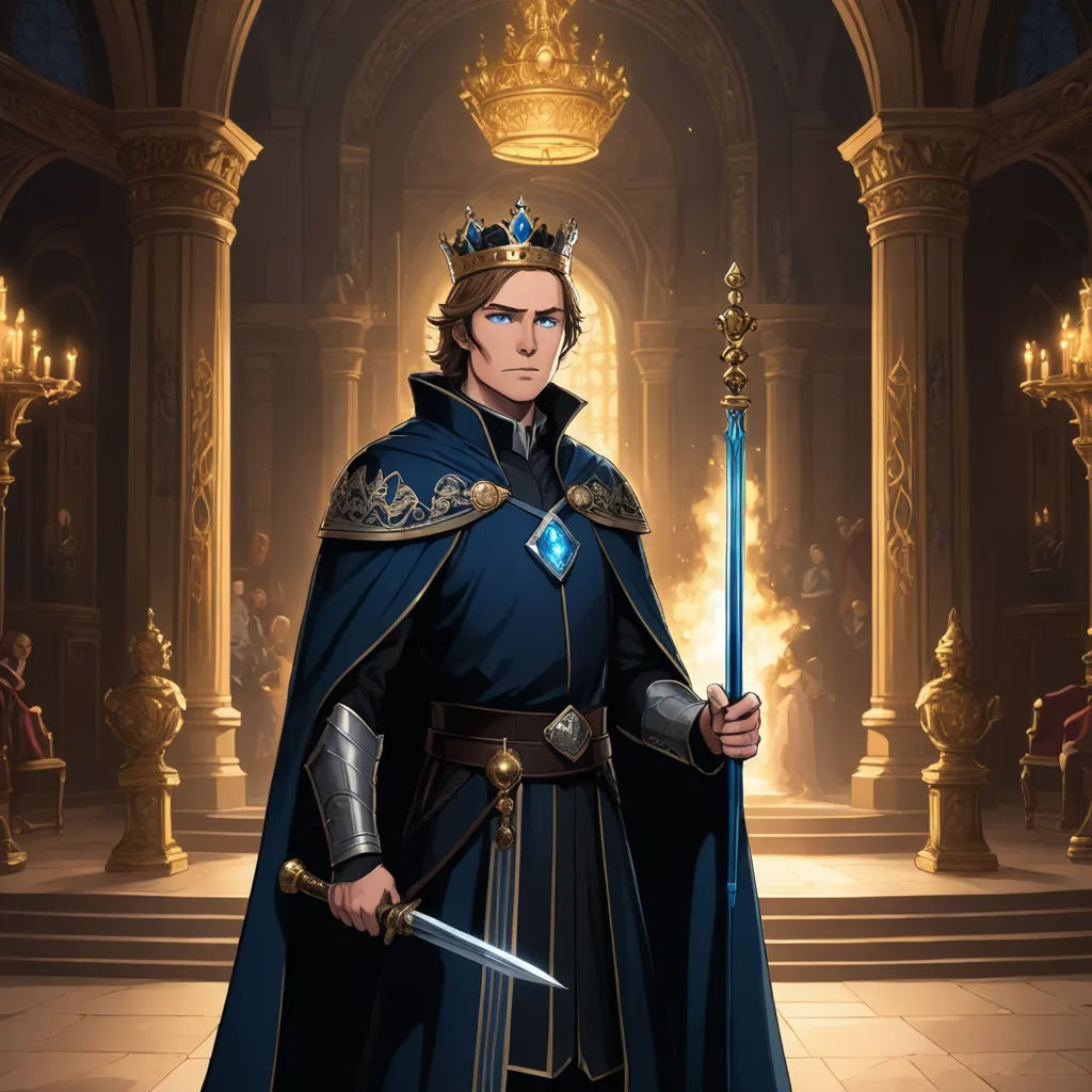 a man in a blue outfit holding a sword in a room with gold columns and chandeliers on the walls, sots art, concept art, Cedric Seaut (Keos Masons), official art