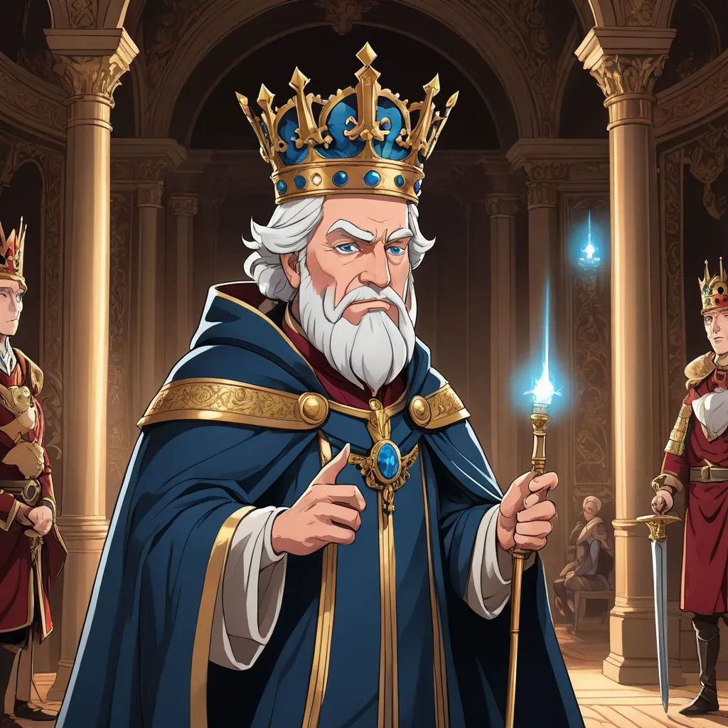 a cartoon of a king with a sword and other men in the background wearing regal regalia and holding a sword, sots art, an ultrafine detailed painting, Cedric Seaut (Keos Masons), 2 d game art