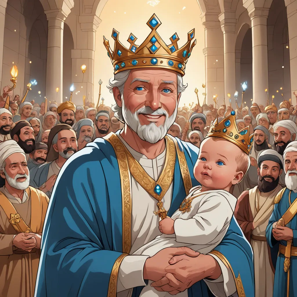 a cartoon of a man holding a baby in a crowd of people wearing crowns and robes with a baby in his arms, excessivism, a storybook illustration, Edward Otho Cresap Ord, II, storybook illustration