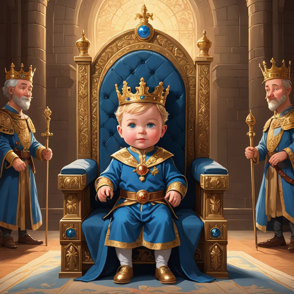 a baby sitting on a throne with a crown on it's head and two men standing behind it, fantasy art, a storybook illustration, Charles Bird King, game art