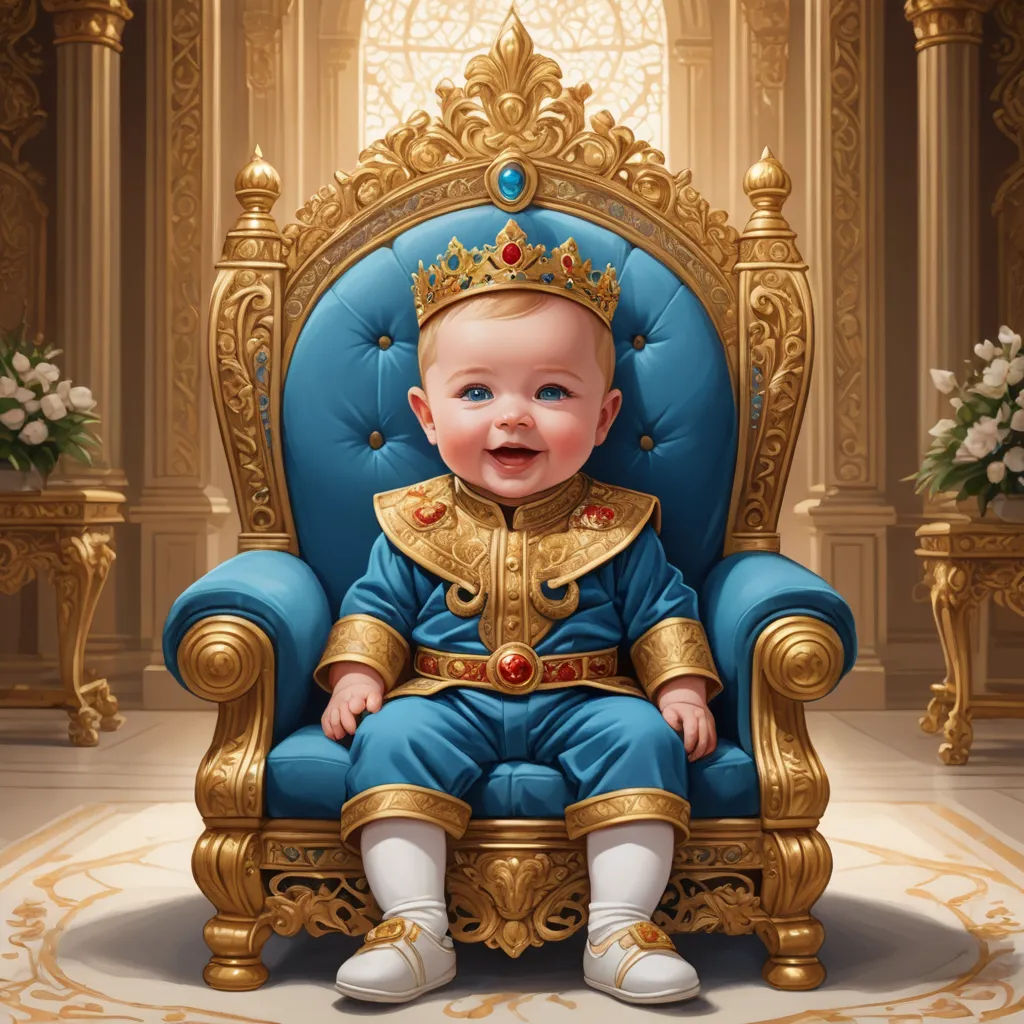 a baby sitting on a blue chair with a gold crown on it's head and a blue dress, sots art, a digital painting, Chris LaBrooy, highly detailed digital painting