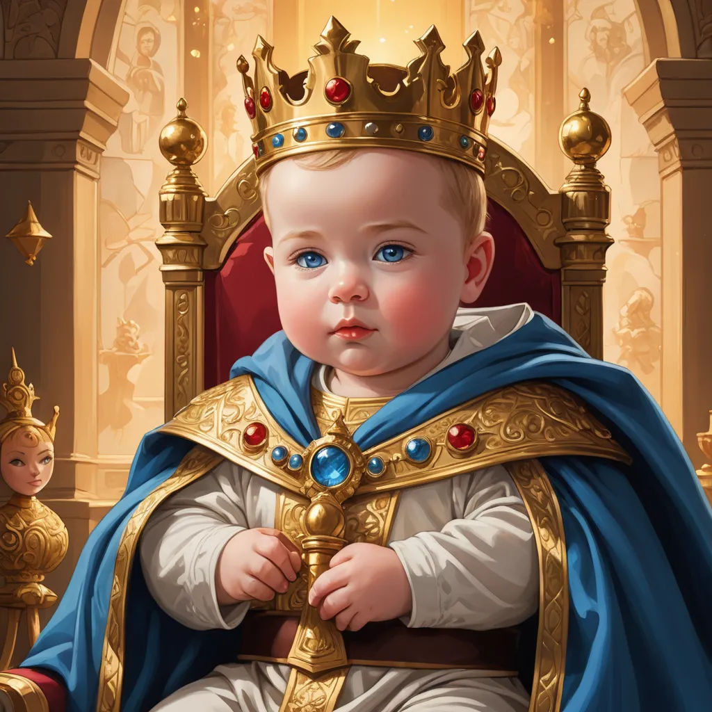 a baby dressed in a golden crown sitting on a throne with a blue robe on and a gold crown on, altermodern, an ultrafine detailed painting, Edward Otho Cresap Ord, II, trending on art station