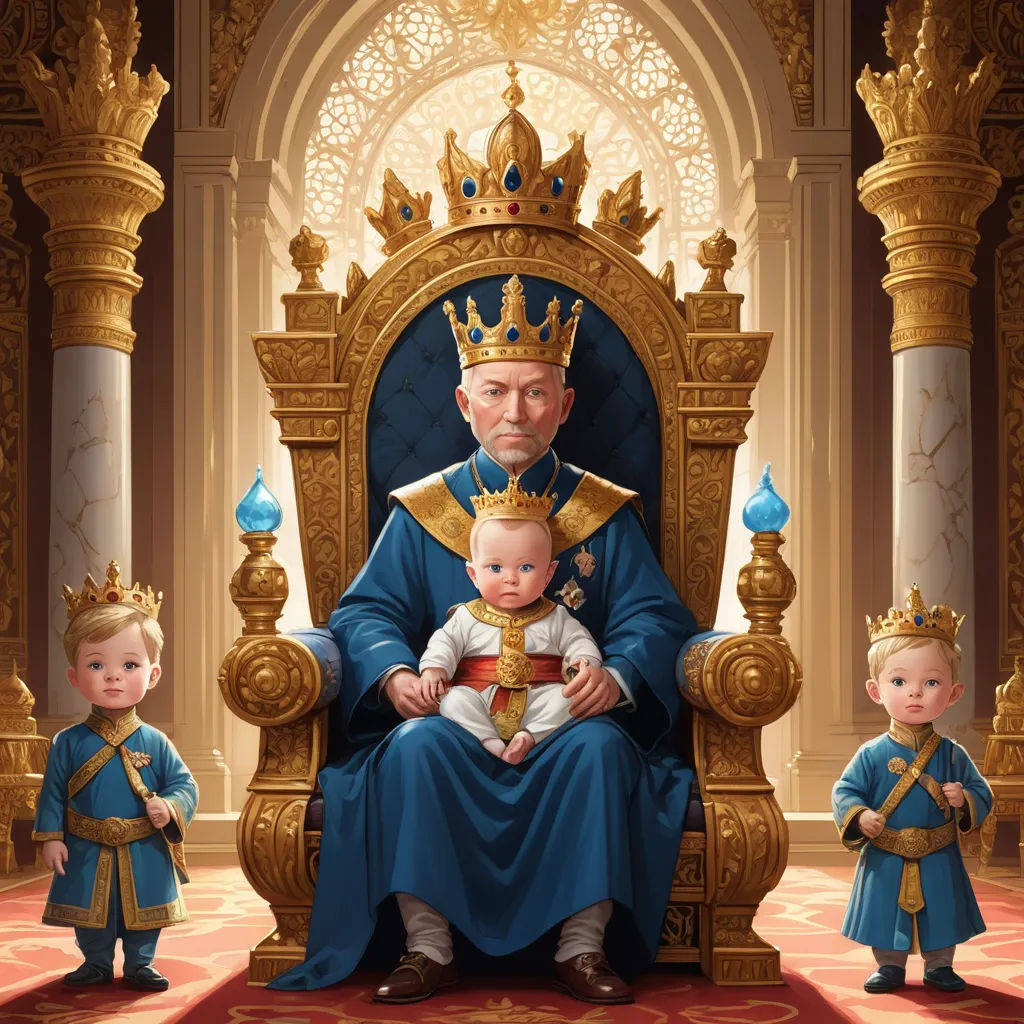 a painting of a man sitting on a throne with two children in front of him and a baby in the middle, sots art, a storybook illustration, Clint Cearley, trending on art station