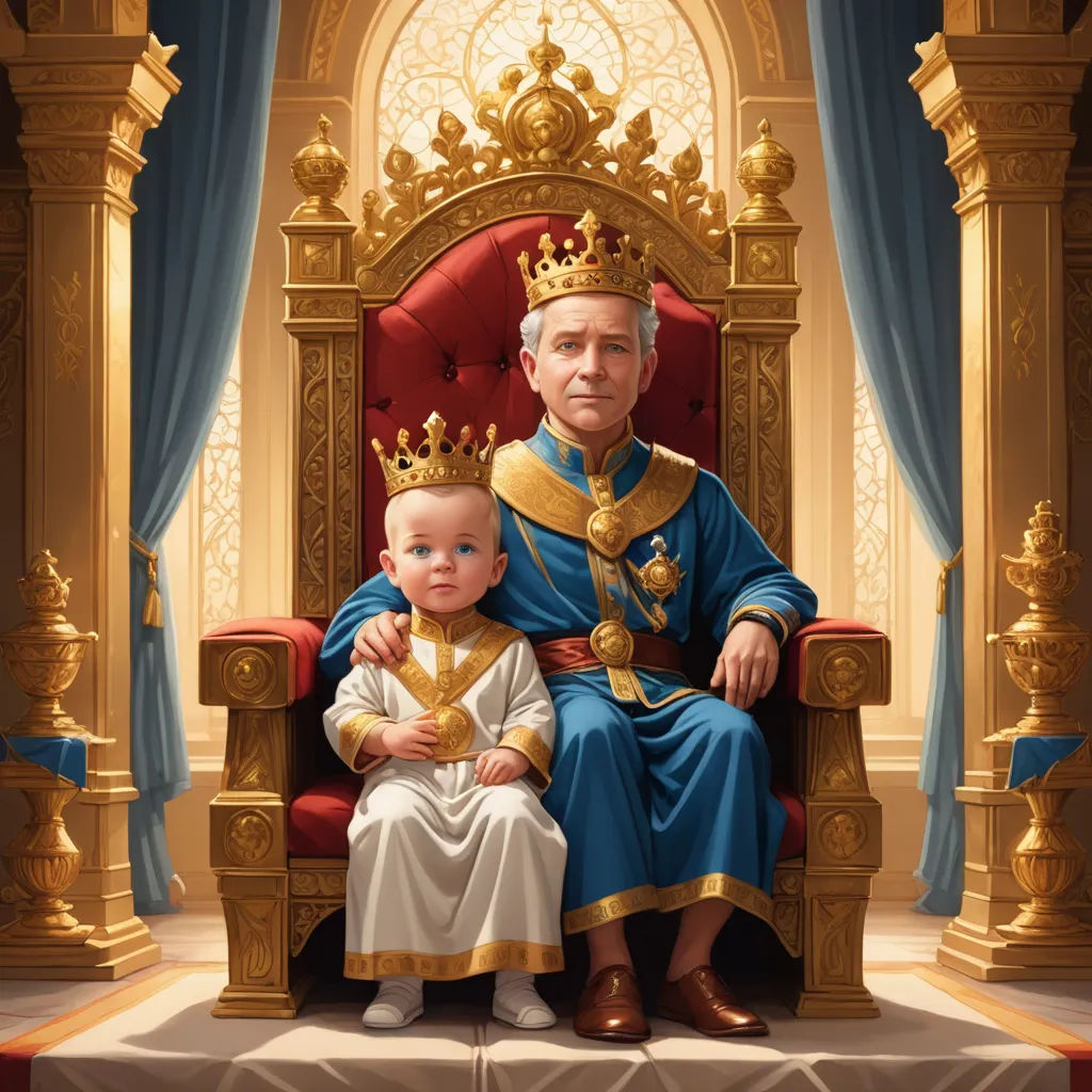 a painting of a man and a baby sitting on a throne with a crown on top of it,, sots art, a storybook illustration, F. Scott Hess, official art