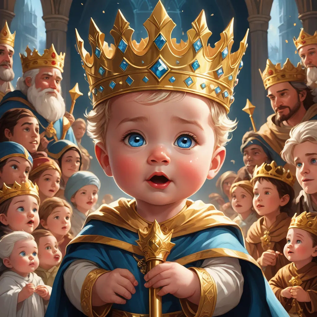 a baby wearing a crown surrounded by other babies in a crowd of people wearing crowns and gowns,, sots art, a detailed painting, Clint Cearley, trending on art station