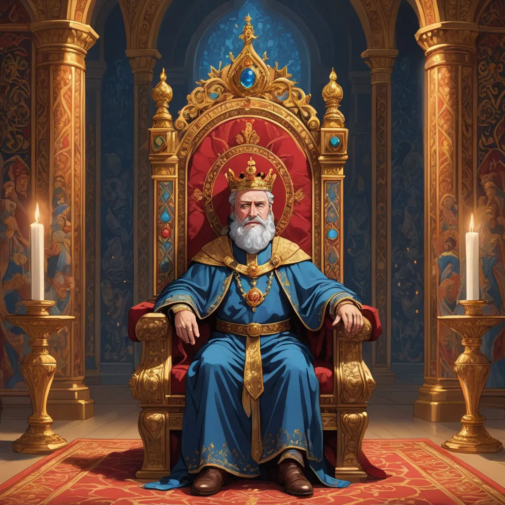 a painting of a man sitting on a throne with a candle in his hand and a crown on his head, fantasy art, an ultrafine detailed painting, Christophe Vacher, epic fantasy character art