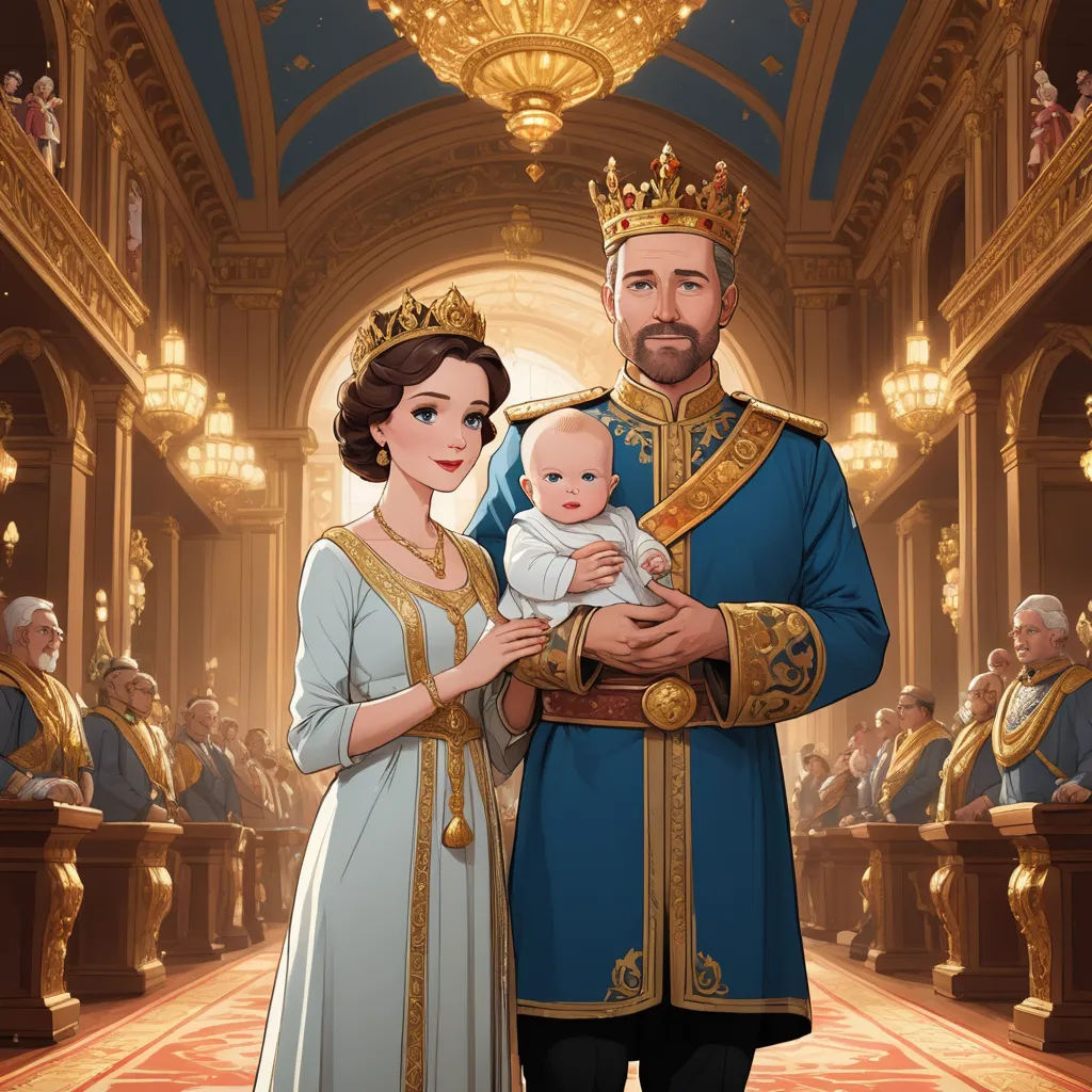 a man and woman in a blue dress holding a baby in a palace setting with a gold crown on their head, sots art, a storybook illustration, disney, official art