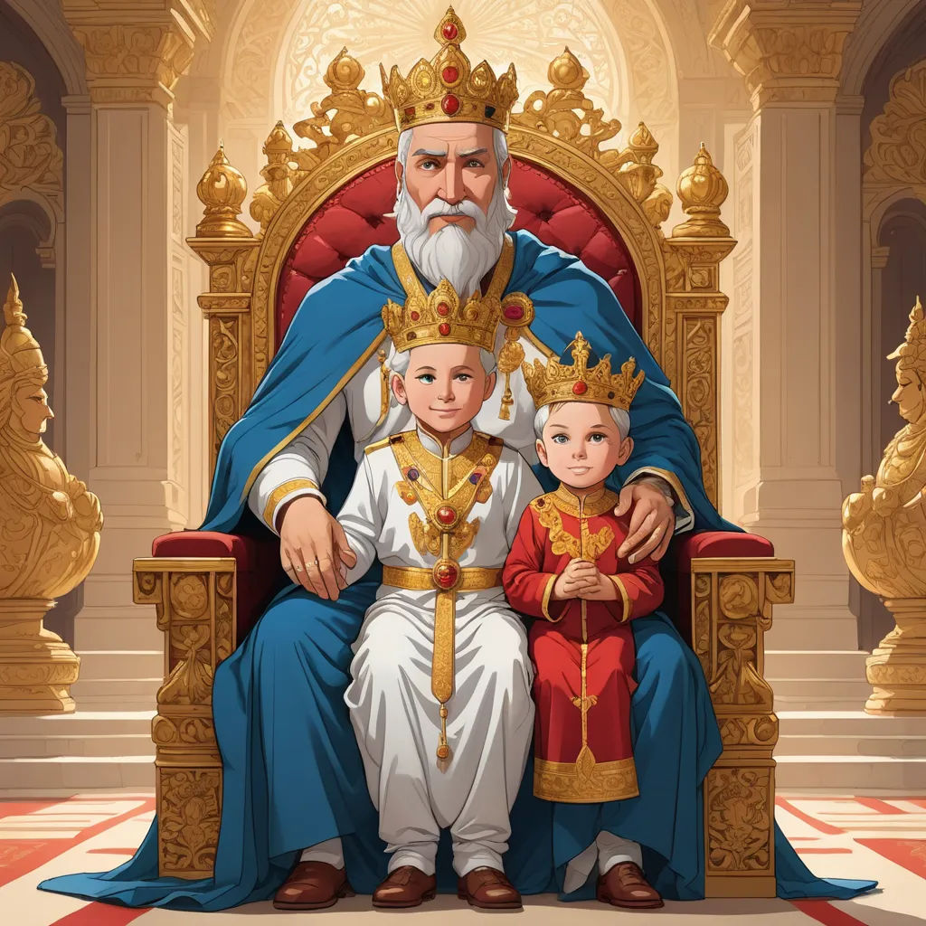a man and a child sitting on a throne with a crown on their heads and a crown on their head, sots art, a storybook illustration, Charles Bird King, storybook illustration
