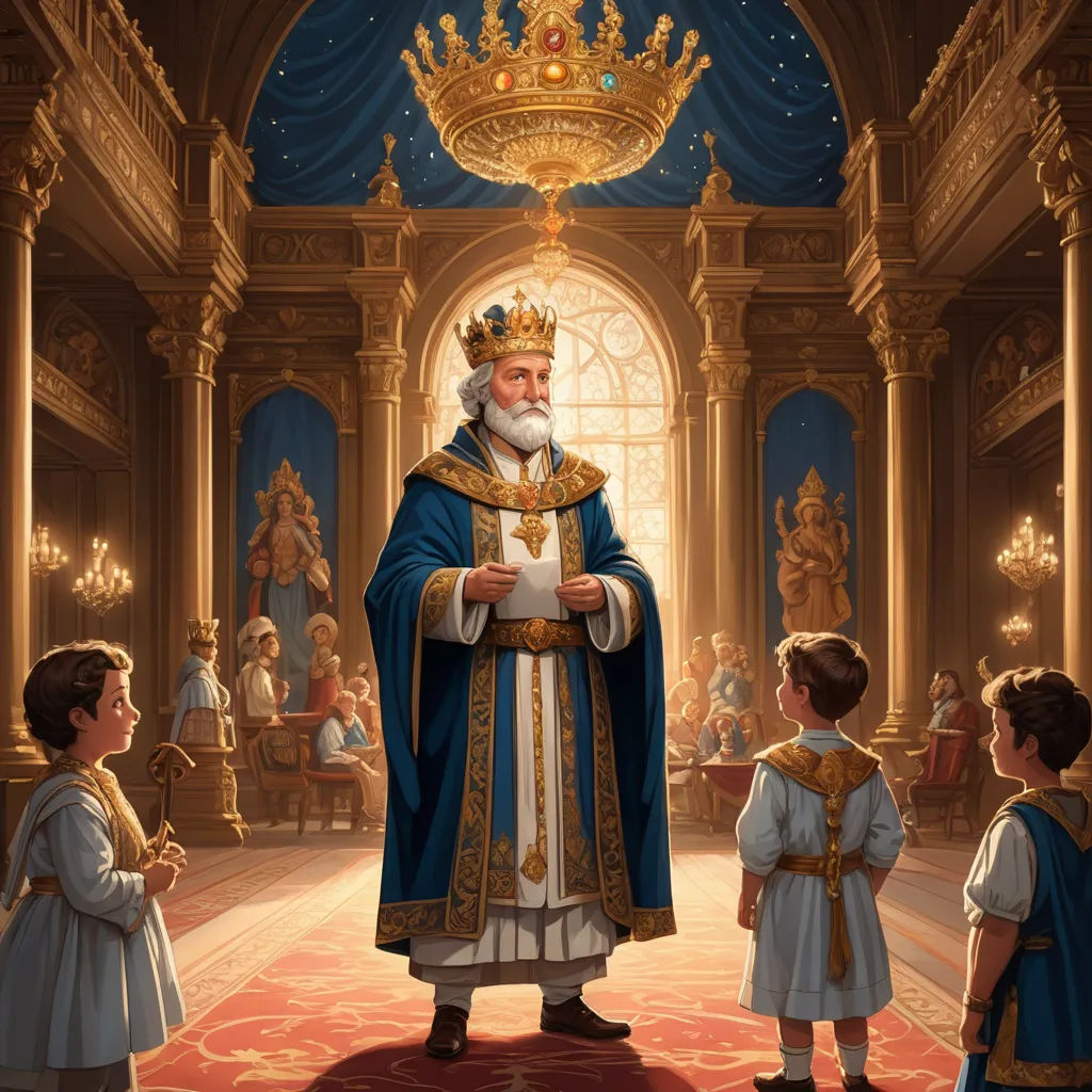 a painting of a priest surrounded by children in a church with a crown on his head and a crown on his head, sots art, a storybook illustration, Christophe Vacher, storybook illustration