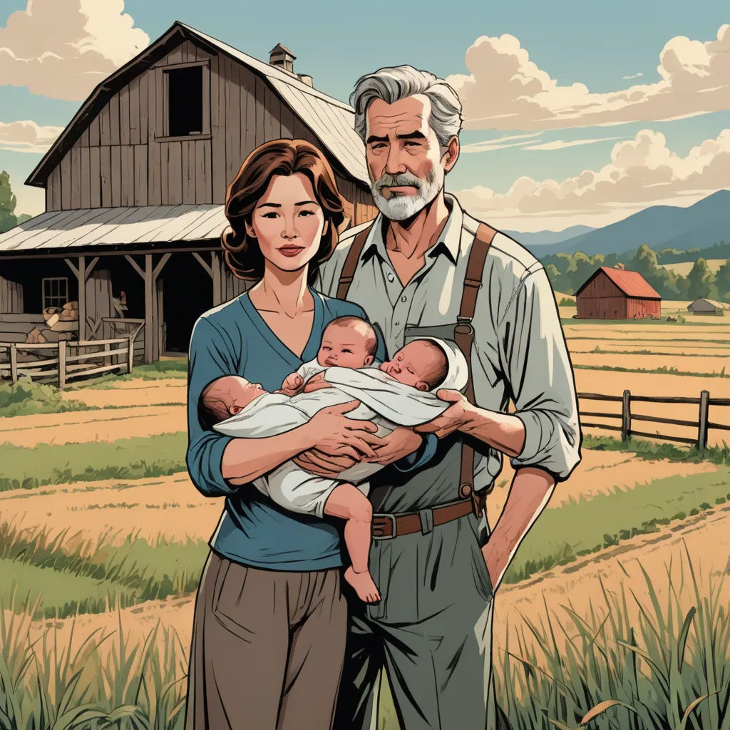 a man and woman holding a baby in front of a barn and a field with a barn in the background, american realism, a storybook illustration, F Scott Hess, official art