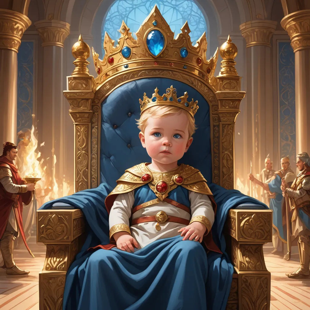 a little boy sitting on a throne with a crown on his head and a blue robe on his shoulders, fantasy art, a storybook illustration, Clint Cearley, magic the gathering artwork