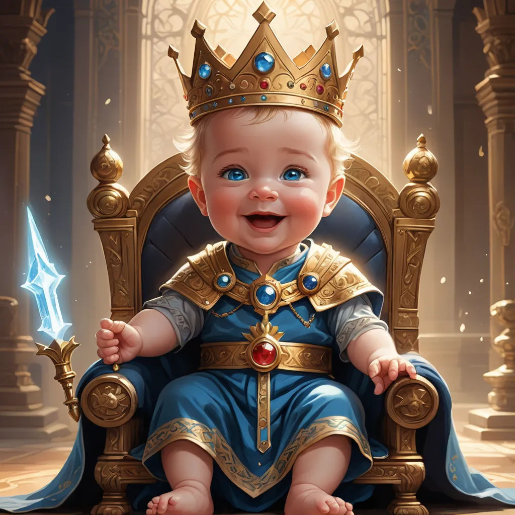 a baby sitting on a throne with a crown on top of it's head and a glowing blue eye, fantasy art, a digital painting, Clint Cearley, magic the gathering artwork