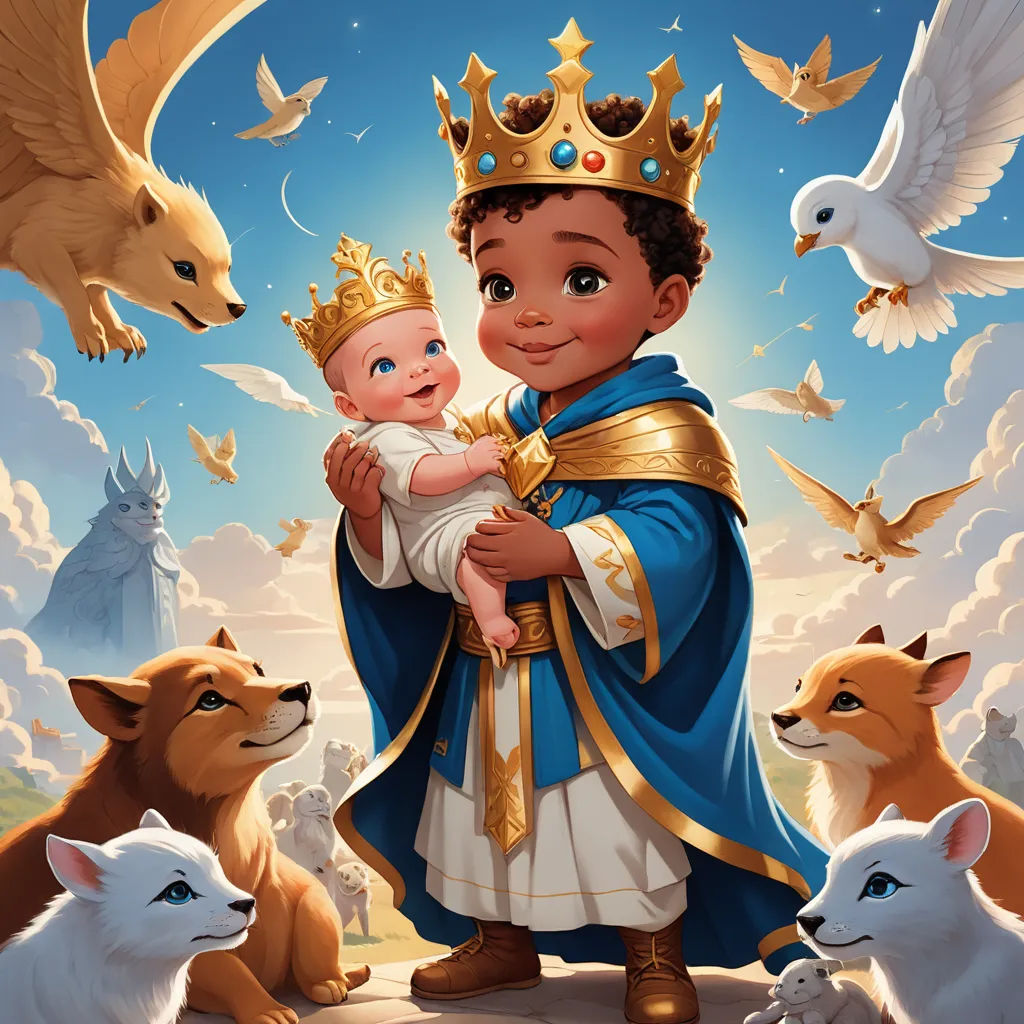 a painting of a little boy holding a baby in a crown surrounded by animals and birds in the sky, sots art, a storybook illustration, Chris LaBrooy, official art
