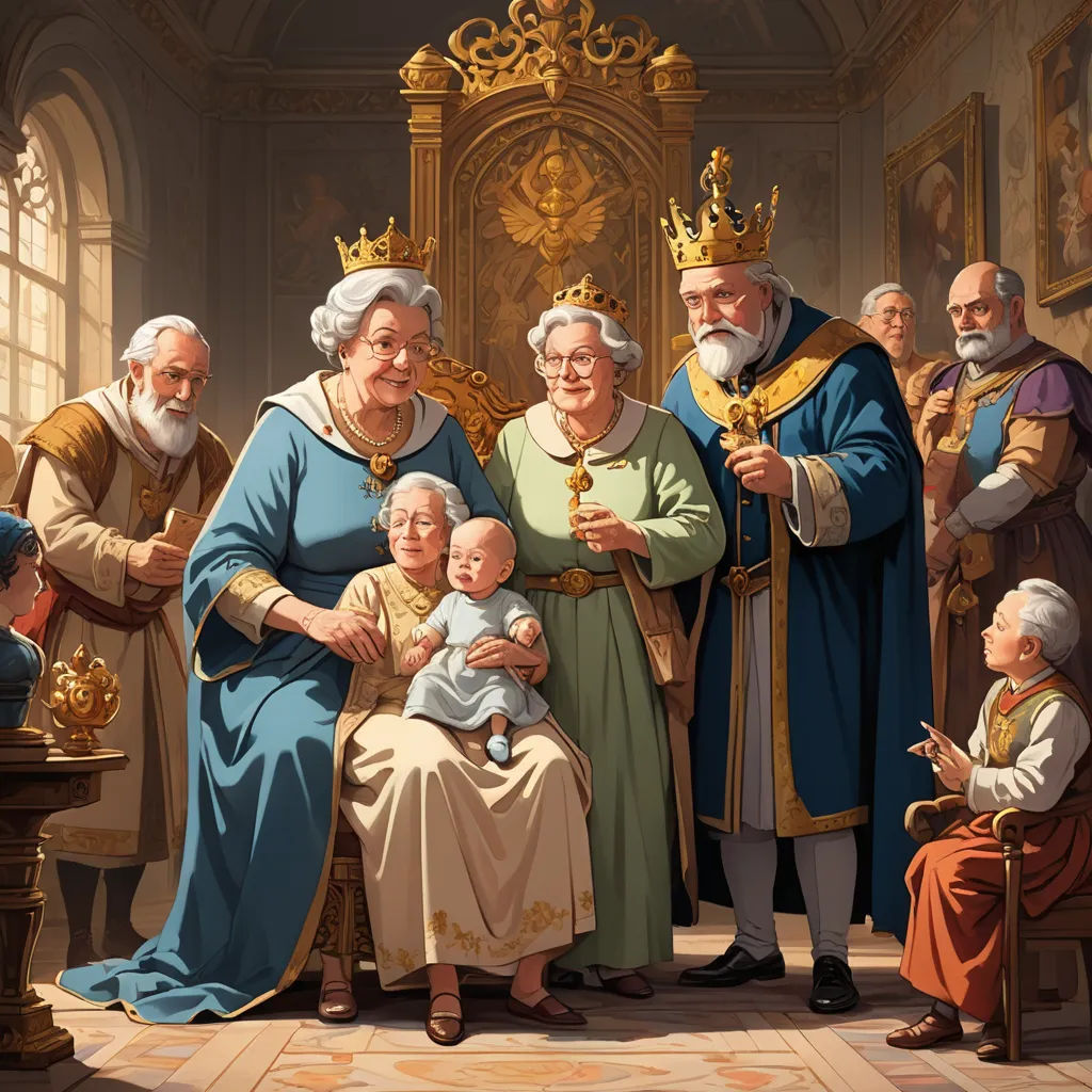 a painting of a family with a baby in a chair and a priest holding a baby in a chair, sots art, a storybook illustration, Brothers Hildebrandt, storybook illustration