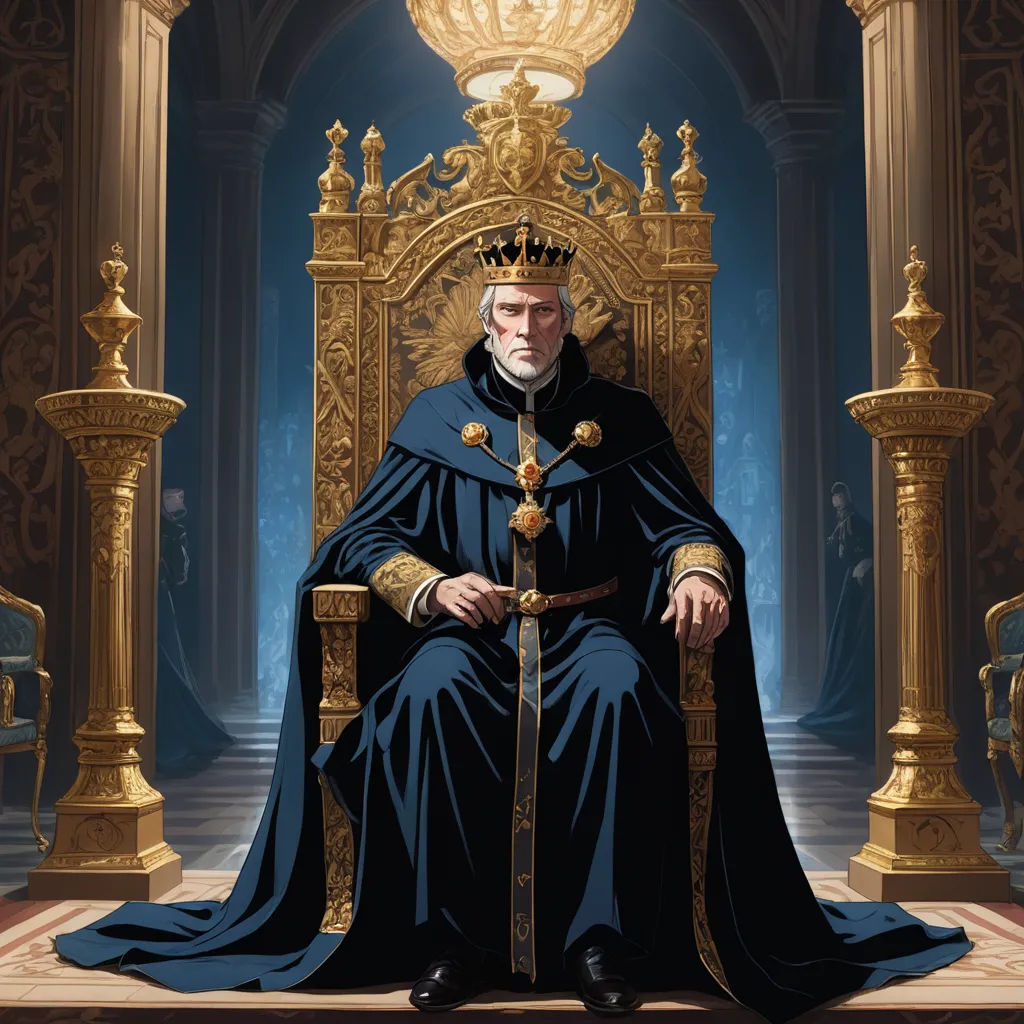 a man sitting on a throne with a crown on his head and a sword in his hand, in a room with columns and gold pillars, sots art, an ultrafine detailed painting, Christophe Vacher, game of thrones