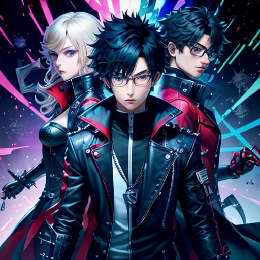 a group of people in black leather jackets and red and blue hair, with a neon background and stars