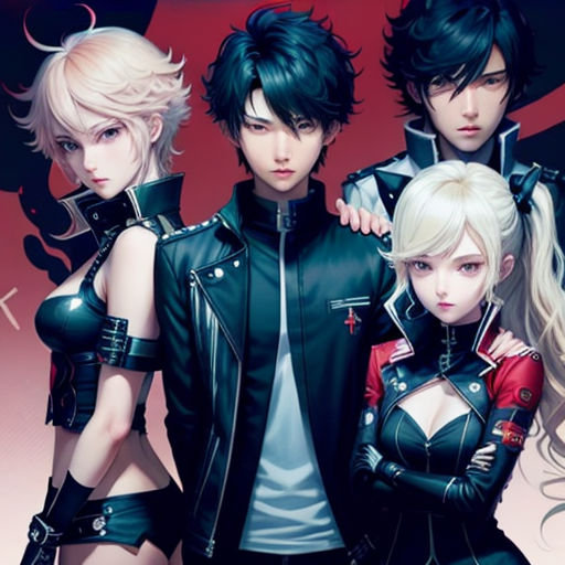 a group of people standing next to each other in front of a red background with a black background and a red background
