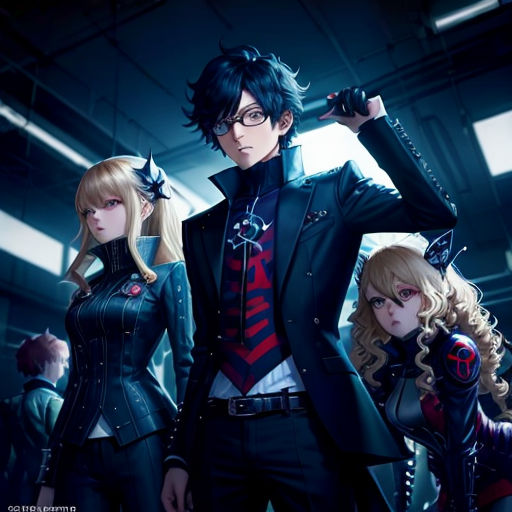 a group of anime characters standing next to each other in a room with a dark background and a neon light