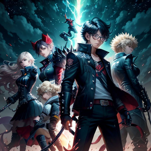 a group of anime characters standing in front of a dark background with lightnings and stars in the sky