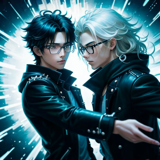 two people in black jackets and glasses are facing each other with their arms around each other and their faces are glowing