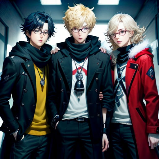 three young men standing next to each other in a hallway with a red coat on and a yellow shirt on