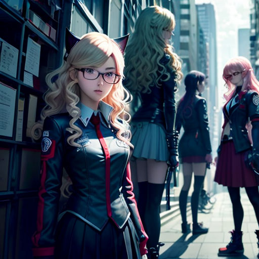a group of women standing next to each other on a sidewalk in a city street with tall buildings and a cat