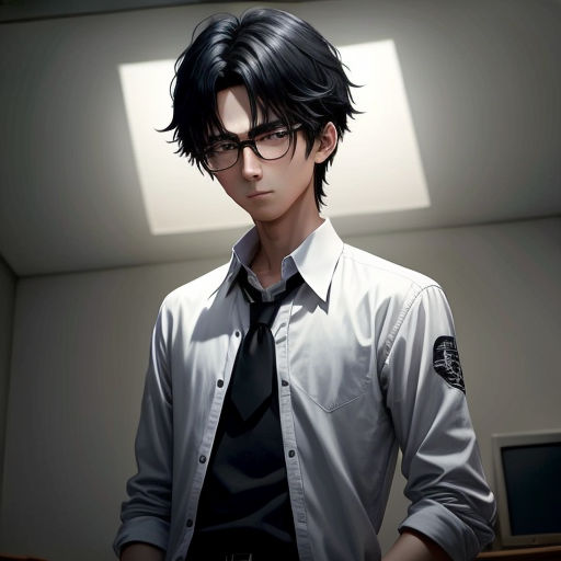 a man in a tie and glasses standing in a room with a window and a desk in the background