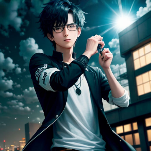 a man in glasses holding a light up in his hand and standing in front of a building at night