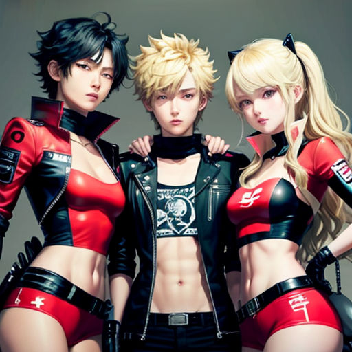 three women in costumes posing for a picture together, with one woman wearing a black top and the other wearing a red top