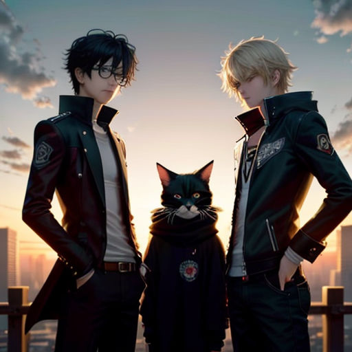 two men standing next to each other with a cat on their lap and a cat on their shoulder,