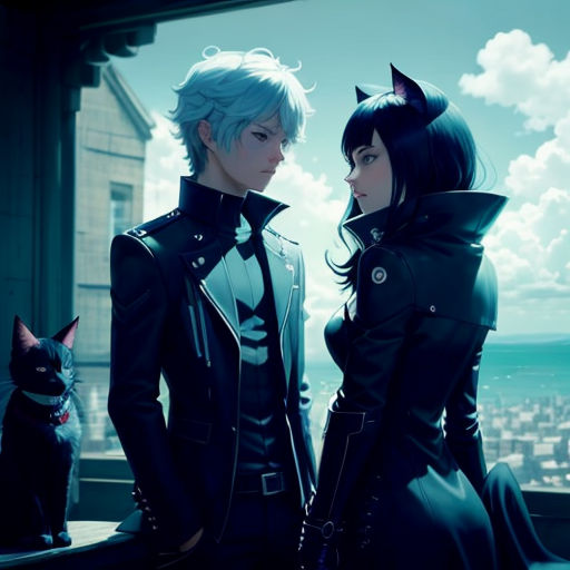 a couple of people standing next to each other near a cat on a ledge near a window with a view of a city