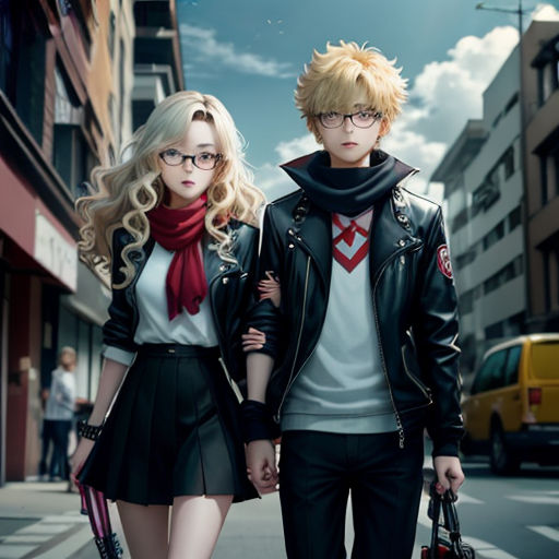 a couple of people that are walking down a street together with a dog in hand and a man in a black jacket