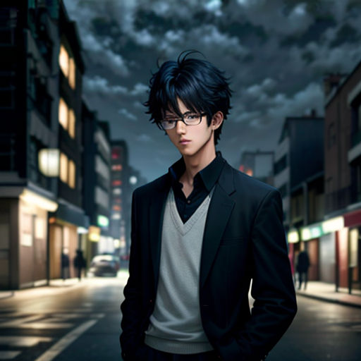 a man in a suit and glasses standing on a street at night with a cloudy sky in the background