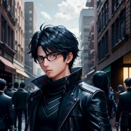 a man in a black leather jacket and glasses standing in a city street with people walking by on the sidewalk
