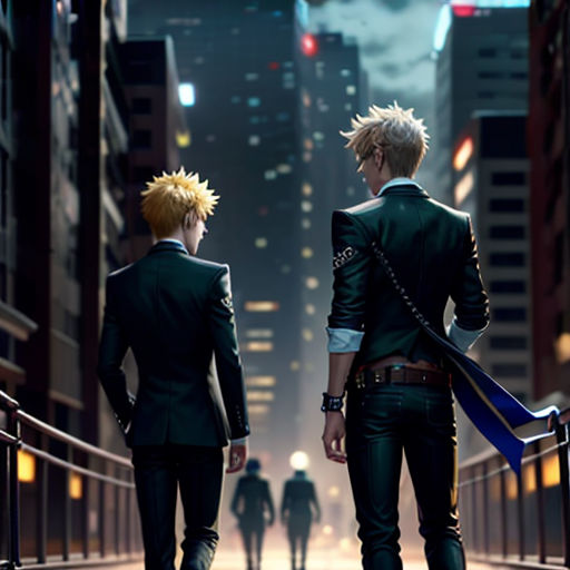 two people walking down a street in a city at night with buildings in the background and a person with a sword