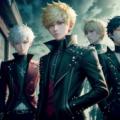 a group of young men standing next to each other in front of a building with clouds in the background