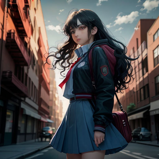 a girl in a school uniform is standing on the street with a backpack on her shoulder and a backpack on her shoulder