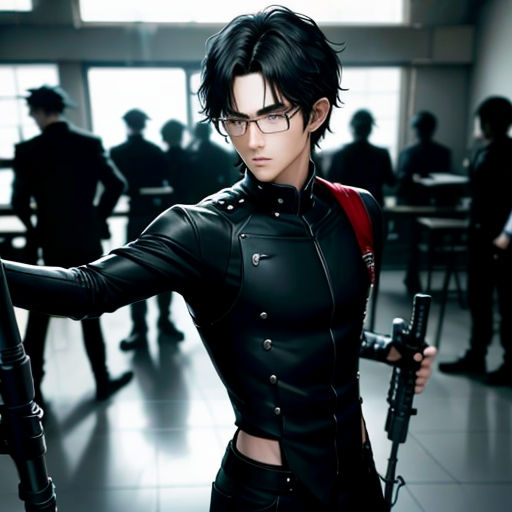 a man in a black outfit holding a gun in a room full of people with tables and chairs in the background