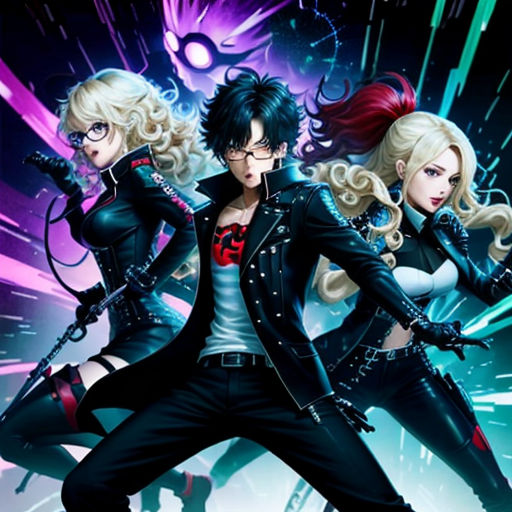 a group of people in black outfits with guns and a neon background with stars and lights behind them,