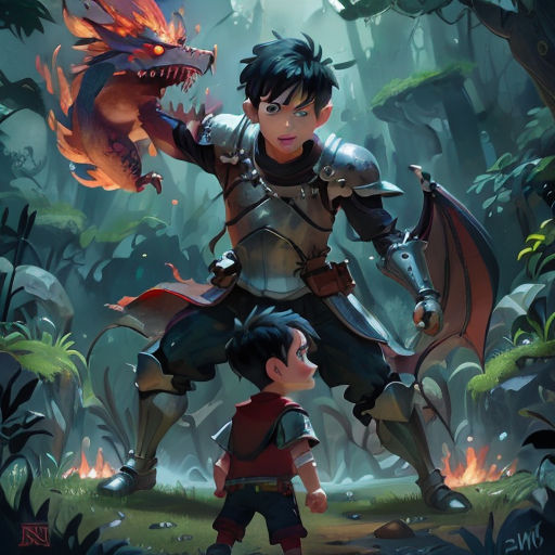 a boy and a dragon in a forest with a man in armor and a dragon on his back,