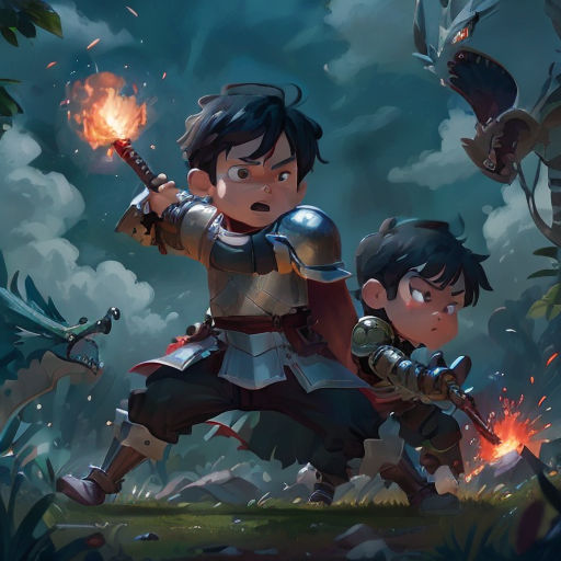 two children in armor playing with fire in a forest with a dragon and a demon in the background,