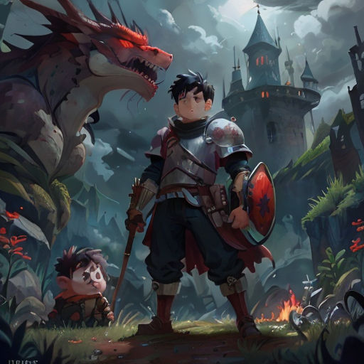 a man standing in front of a dragon and a castle with a red dragon on it's back